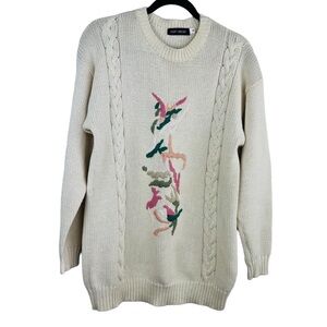 Vintage Kofi Wear Cream Knit Embroidered Floral Crew-Neck Long sweater Dress M